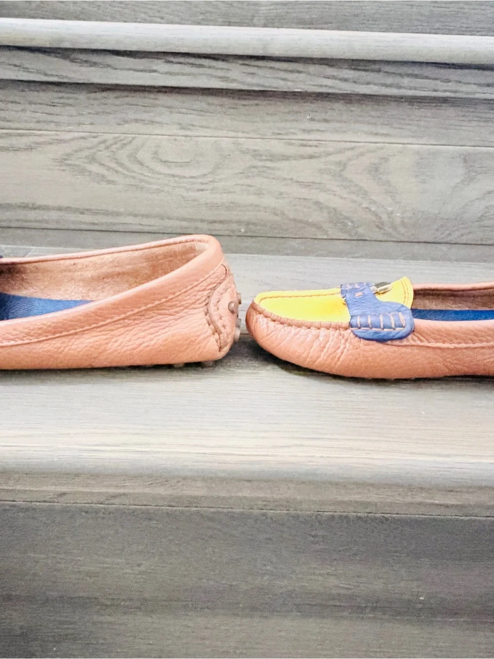 Tory Burch Brown, Navy & Yellow Two-Tone Leather Loafers